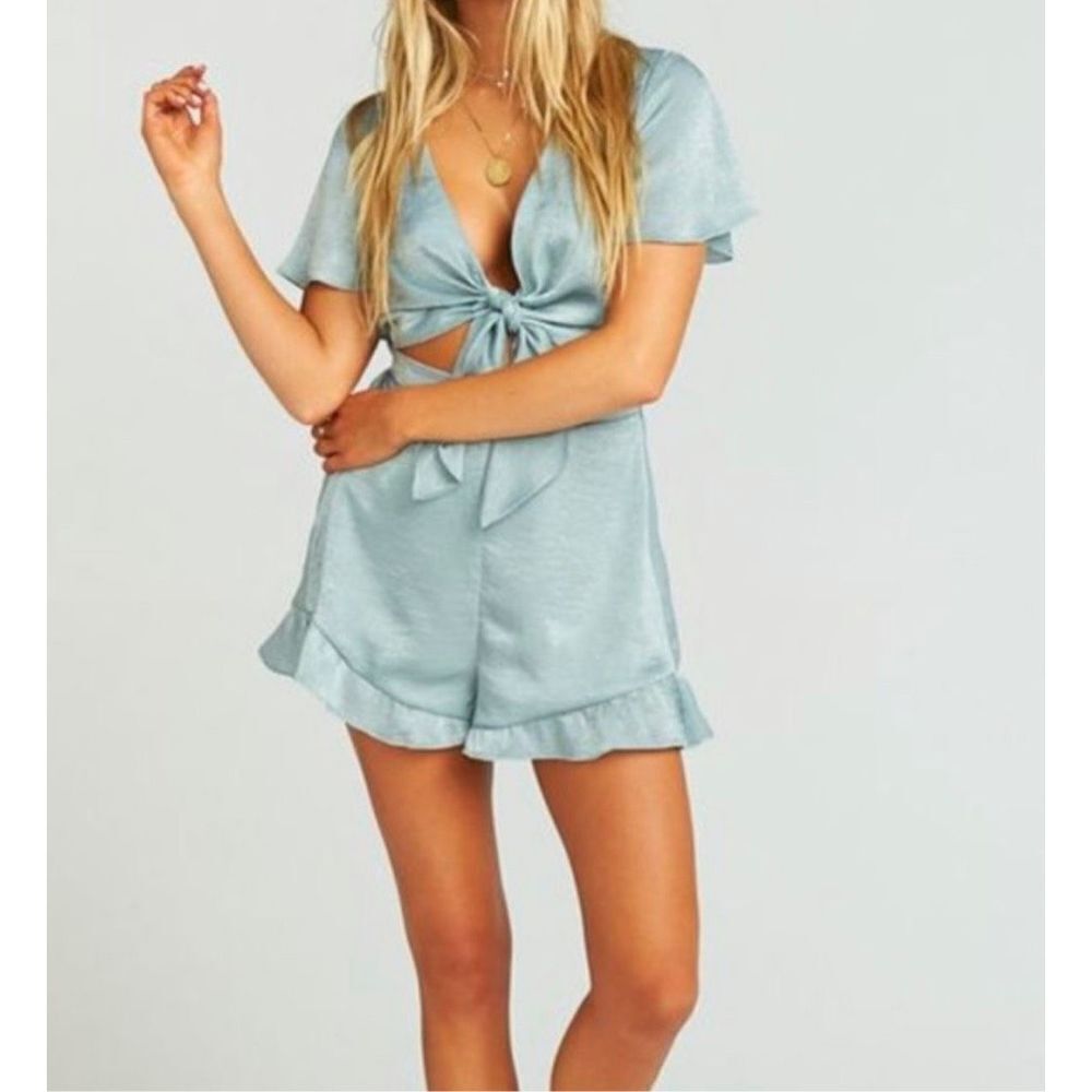 Show Me Your Mumu Women's Riviera Tie-Front Romper Ruffle Trim Green‎ Large
